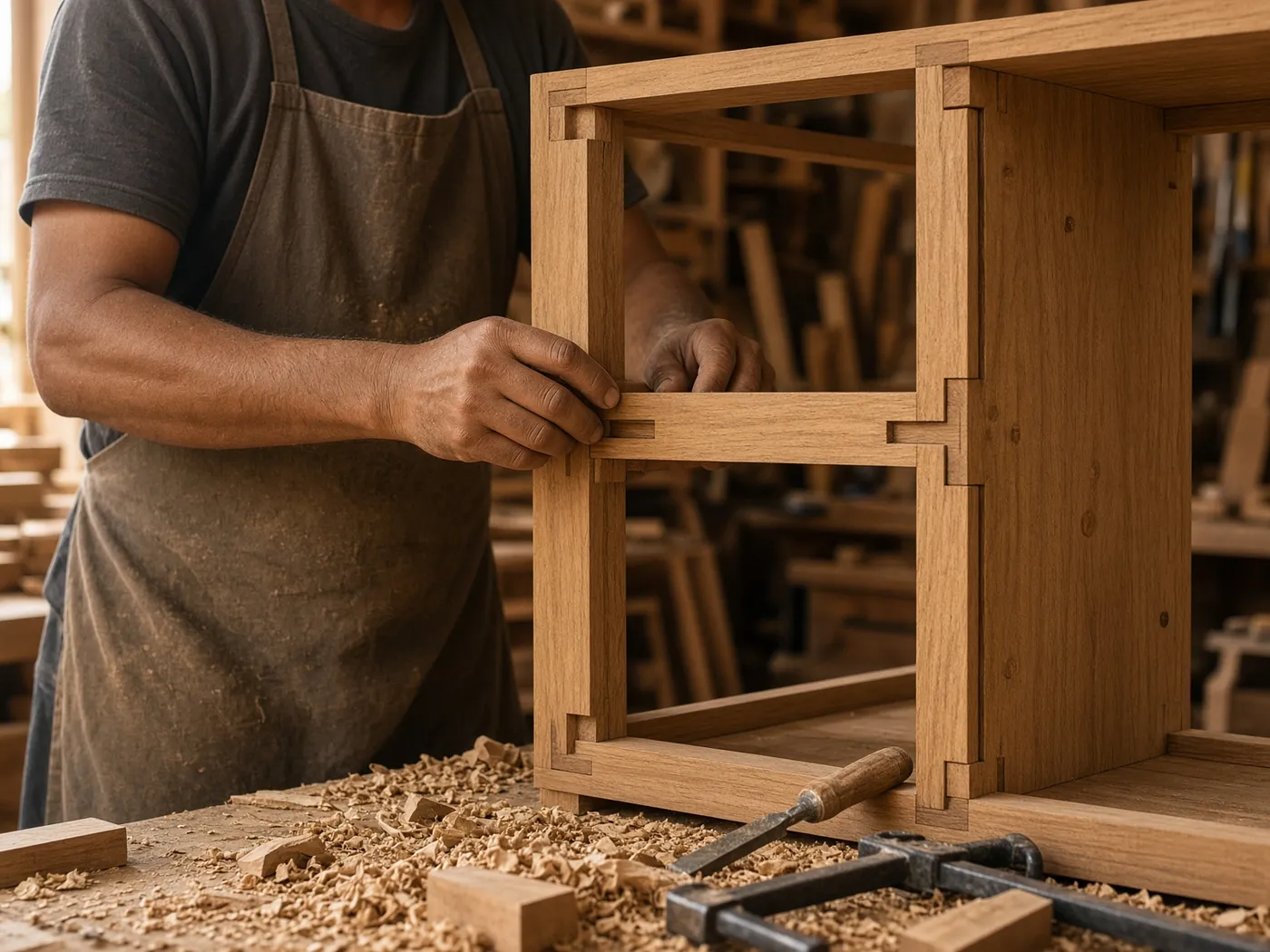 Craftsman fitting custom teak furniture joinery