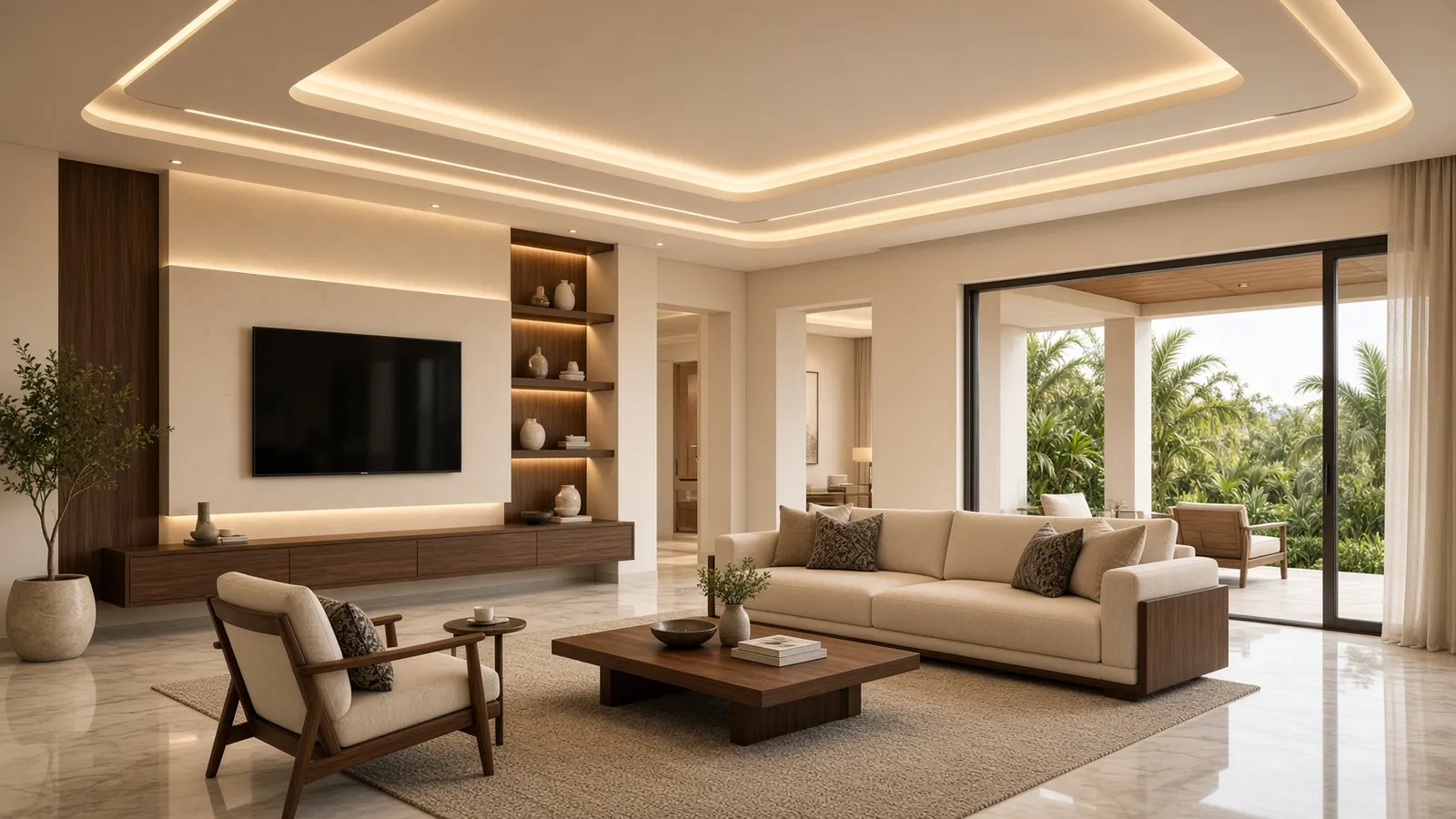 Living room false ceiling with cove lighting in Alibag