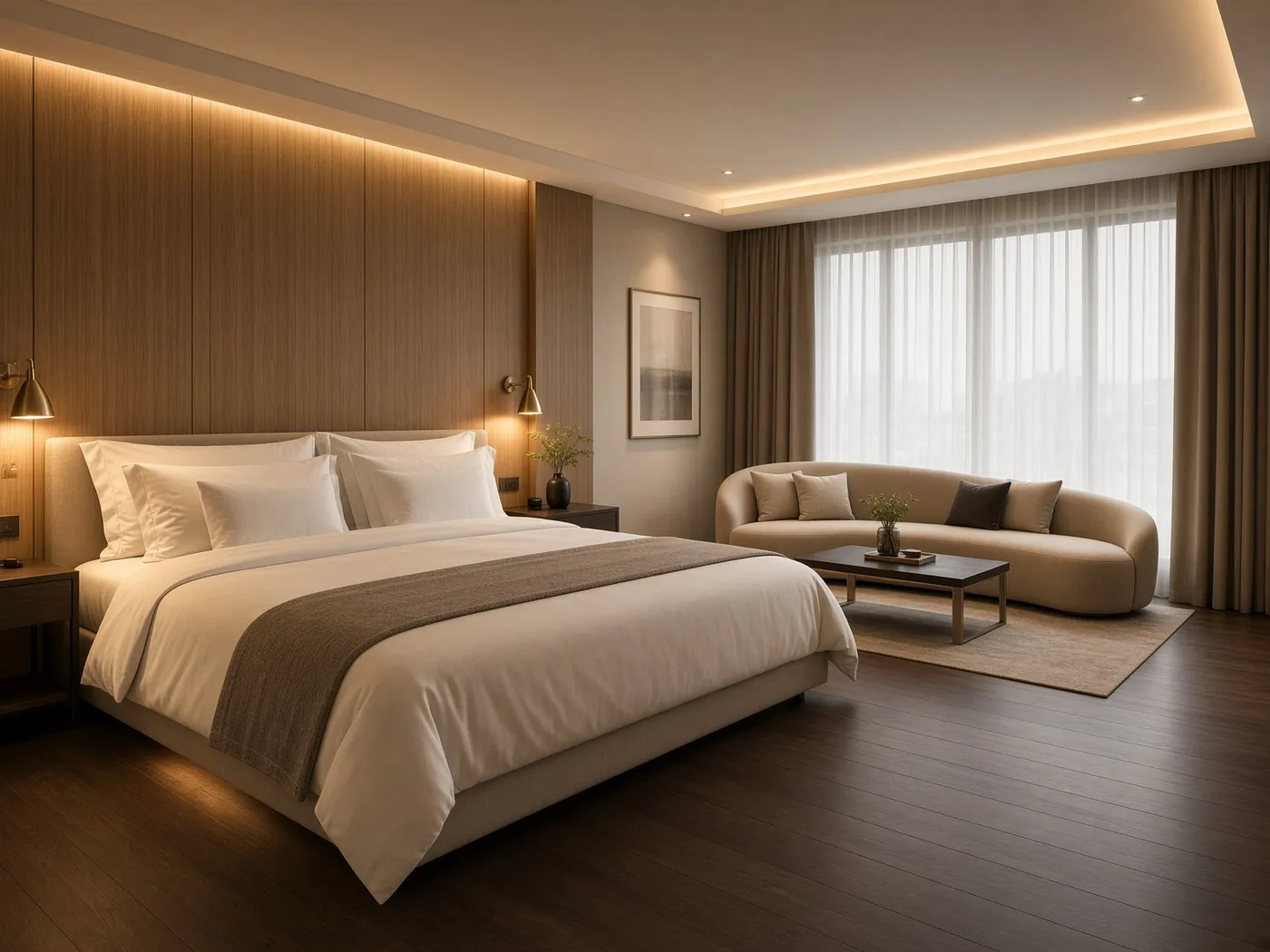 Hospitality interior with warm wood and brass lighting