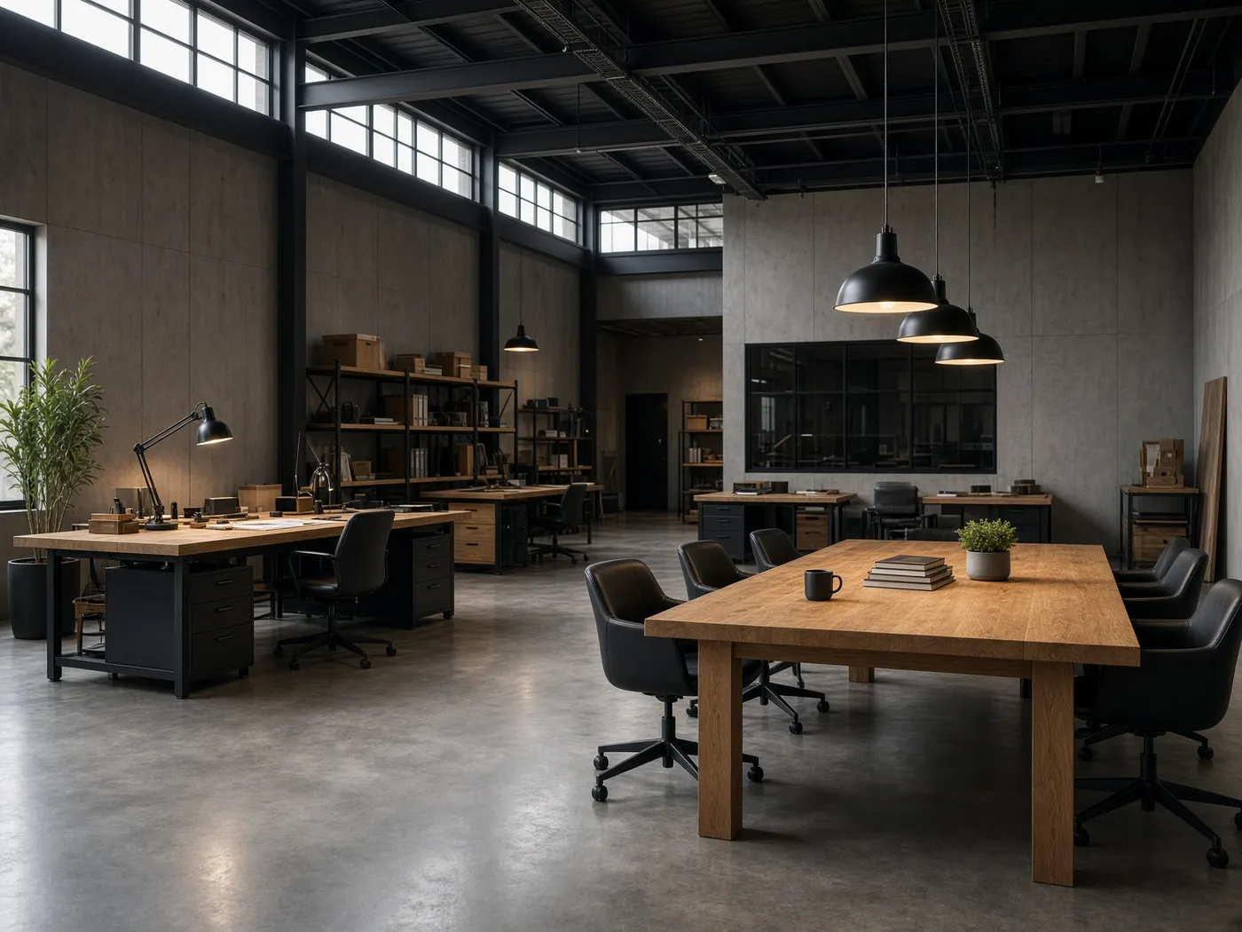 Industrial administrative interior with wood and metal furnishings