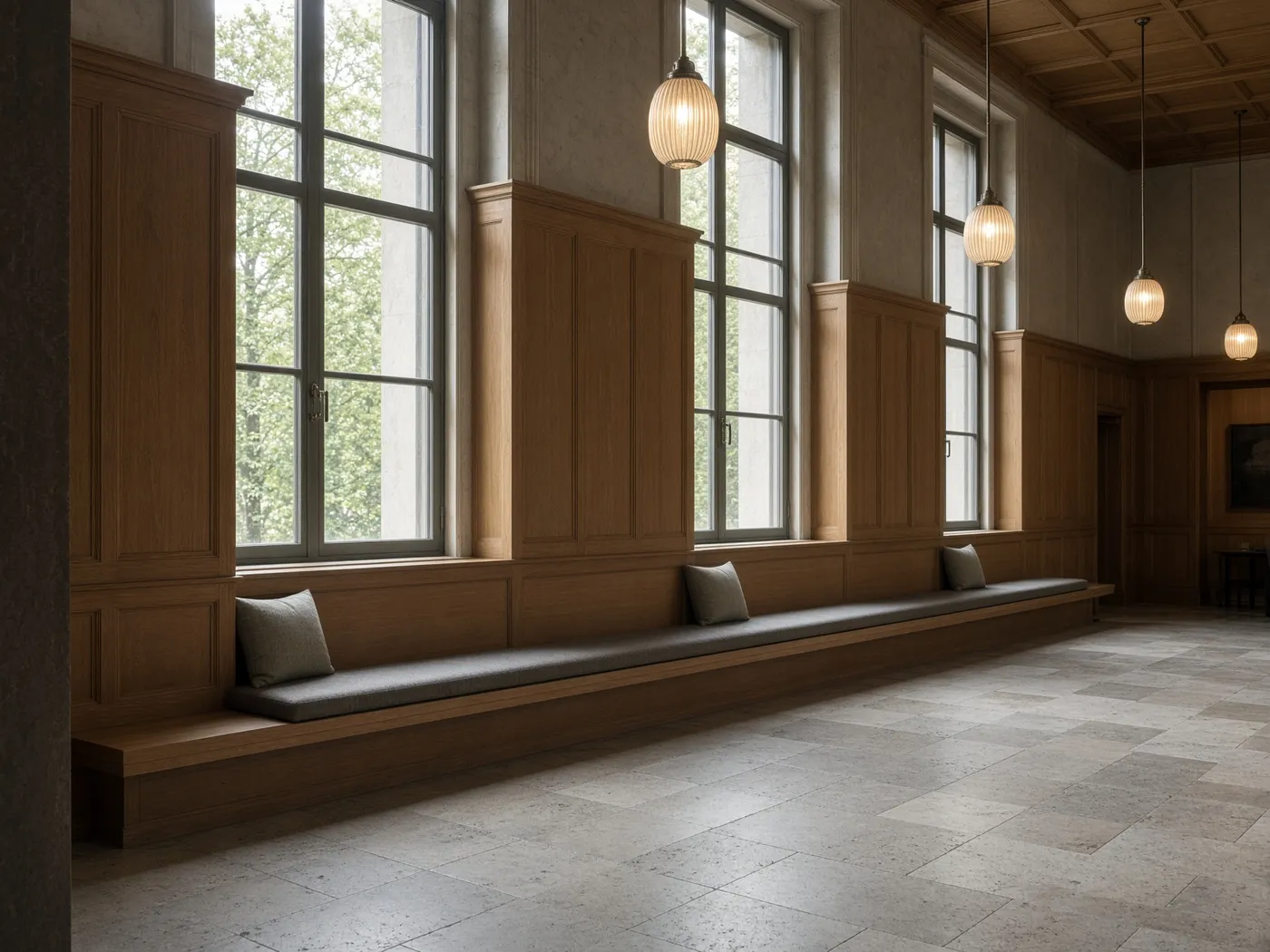 Institutional interior with teak millwork and daylight