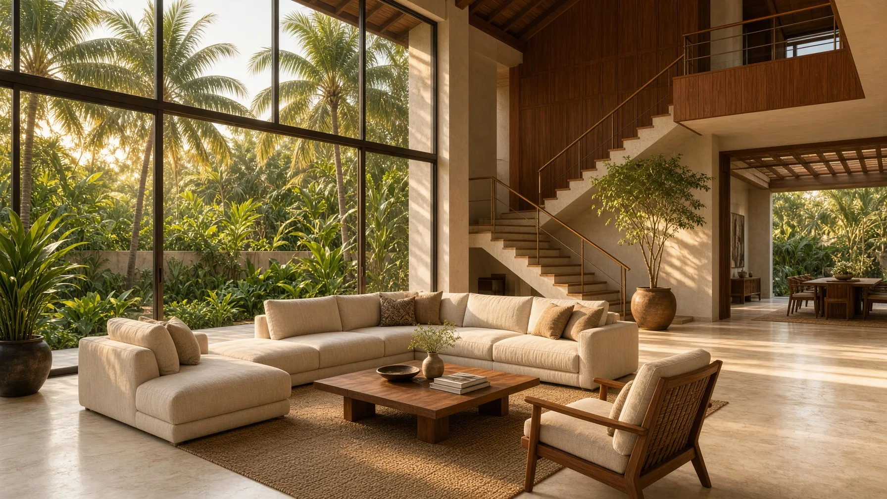 Luxury villa living interior in Raigad with warm wood and natural light